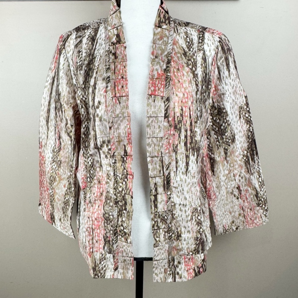 Chico's Multicolor Geo Ruffle Linen Open Front Jacket Size 2, Large/12